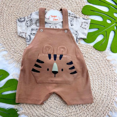Conj. Camiseta Felinos e Jardineira - Areia e Marrom